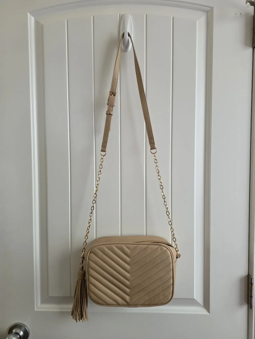 Beige Quilted Crossbody Bag with Gold Chain Strap